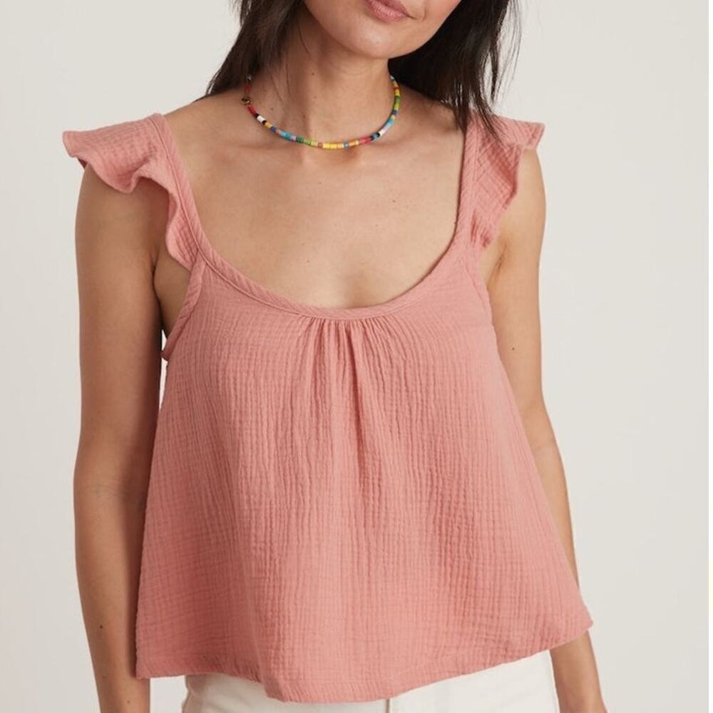 Marine Layer Jude Tank Top Flutter Sleeve Crinkled Cotton Rosette Pink NWT M